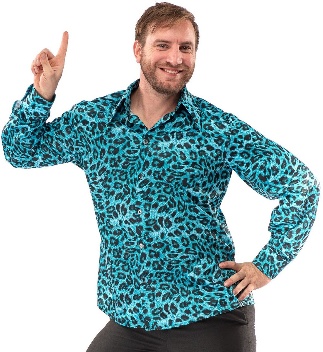 Leeuw & Tijger & Luipaard & Panter Kostuum | Blauw Luipaard Shirt Foute Aso Pooier Man | XXL | Carnaval kostuum | Verkleedkleding